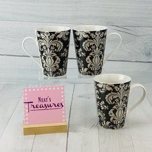 Teddi Black Silver FLORAL PAISLEY Ceramic Large Coffee Latte Cup Mug Set Three